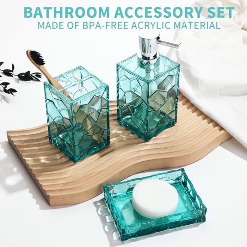 GAHEFY Teal Blue Beach Bathroom Accessories Set with Toothbrush Holder, Soap Dispenser, Tumbler, Soap Dish, Turquoise Bathroom Decor,Acrylic (Teal-4pcs)