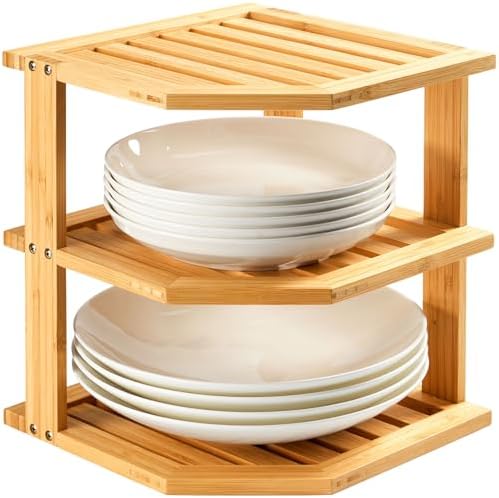 Umilife Plate Organizer for Cabinet, Extra Tall Bamboo Corner Shelf, Dish & Bread Organizer, Spice Rack, Kitchen Bathroom Countertop Storage Organization Space Saver