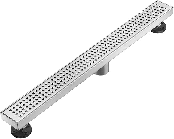 AVSIILE Linear Shower Floor Drain, Brushed Nickel 32 Inch 304 Stainless Steel Bathroom Drains Kit, Long Rectangular Shower Trench Drain with Square Pattern Drain Cover & Hair Catcher
