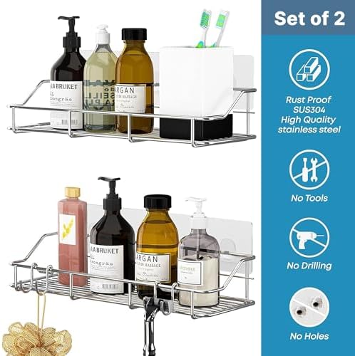 KESOL Adhesive Shower Caddy, Shower Shelf Organizer, SUS304, 2 Pack, Silver