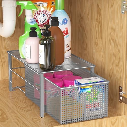 Deco Brothers Stackable Pull Out Cabinet Sliding Basket with Divider, Large