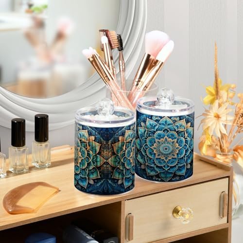 Mandala Pattern Blue Qtip Holder 2 Pack - 10 Oz Clear Plastic Apothecary Jar Set for Bathroom Organization - Versatile Canister Storage for Cotton Balls, Swabs, Rounds
