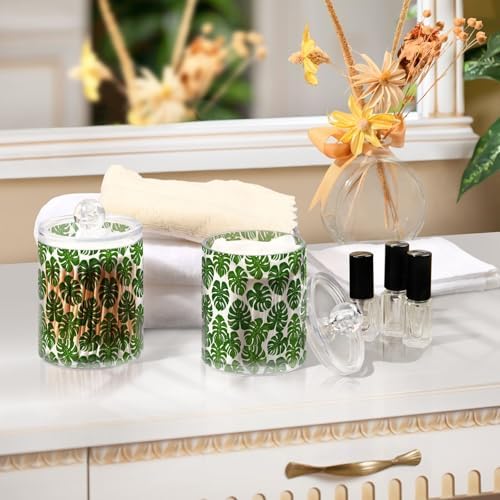 ALAZA 2pcs Monstera Leaf Palm Green White Qtip Holder Dispenser 14 oz Bathroom Storage Clear Apothecary Jars Containers Cotton Ball,Cotton Rounds,Floss Picks, Hair Clips, Food