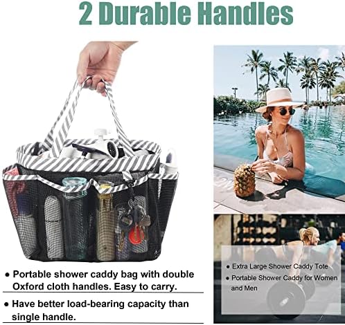 Mesh Shower Caddy Tote with Waterproof Inner Bag, Extra Large Black Portable Shower Caddy for College Dorm Bathroom Camp, 8 Basket Pocket
