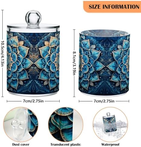 Mandala Pattern Blue Qtip Holder 2 Pack - 10 Oz Clear Plastic Apothecary Jar Set for Bathroom Organization - Versatile Canister Storage for Cotton Balls, Swabs, Rounds