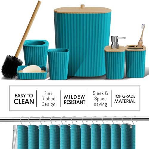 Clara Clark Bathroom Accessories Set - 27PC Bathroom Set with Adhesive Corner Shower Caddy Hanging, Bathroom Sets with Shower Curtain and Rugs, Teal Shower Curtain Set with Bathroom Trash Can