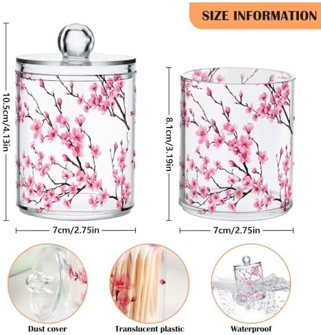 DOMIKING Cherry Blossom Branch White 2 Pack Cotton Swab Holder Dispenser Plastic Jar Bathroom Storage Canister Acrylic Containers for Cotton Ball Floss Picks Hair Clips