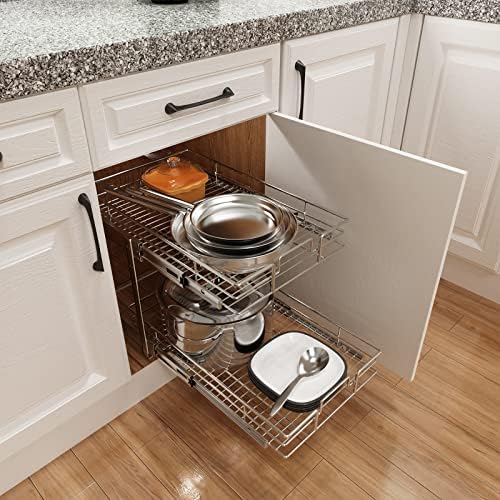 ROOMTEC Individual Pull Out Cabinet Organizer (15½" W x 21½" D), 2 Tier Spice Rack Organizer for Cabinet, Slide Out Drawer Pantry Shelf Organization and Storage for Kitchen Bathroom