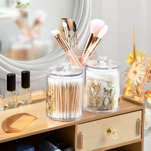 Fustylead 2 Pack Watercolor Painting Of Woodland Forest Animals Qtip Holder Dispensers, Bathroom Storage Canister Plastic Apothecary Jar Set for Cotton Swabs, Ball, Pads, Floss