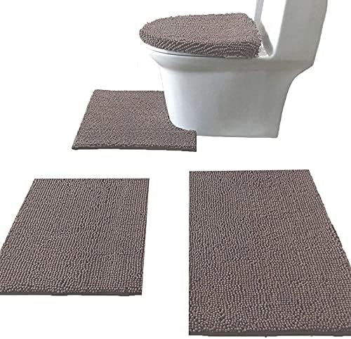 Madeals Chenille Bath Rug Set 4 Piece with Toilet Lid Cover and Rug Set Combo, Soft Shaggy Bath Rug Set 3 Piece and U-Shaped Toilet Floor Rug Taupe