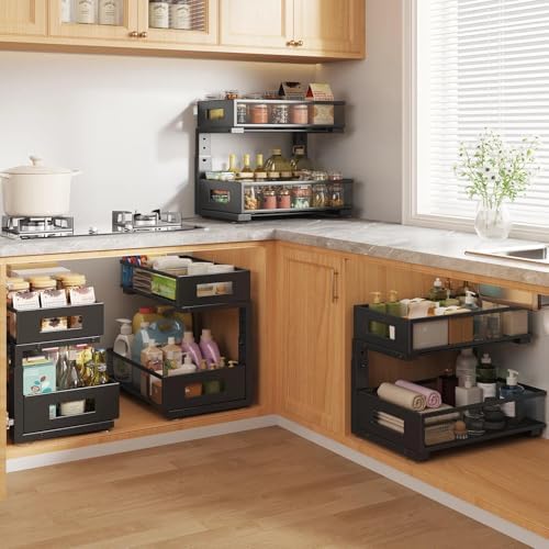 2-Tier Under Sink Organizer with Sliding Drawers, Pull-Out Cabinet Organizer with Adjustable Height, Kitchen & Bathroom Storage Shelf, Black, 1 Pack