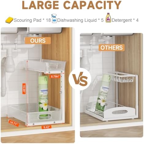 ETOYA 2 Pack Under Sink Organizer Kitchen, 2-Tier Pull Out Cabinet Organizer, L-Shaped Adjustable Height, Acrylic Under Sink Storage Shelf for Kitchen, Bathroom Vanity & Utility Closet