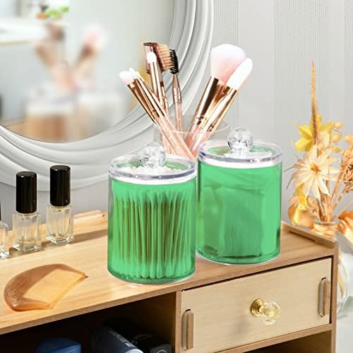 SHJI Navy Green Qtip Holder Organizer Dispenser Cotton Swabs Cans Plastic Jars with Lid Set 4 Pack Bathroom Storage Canister for Cotton Ball Floss Cotton Pads