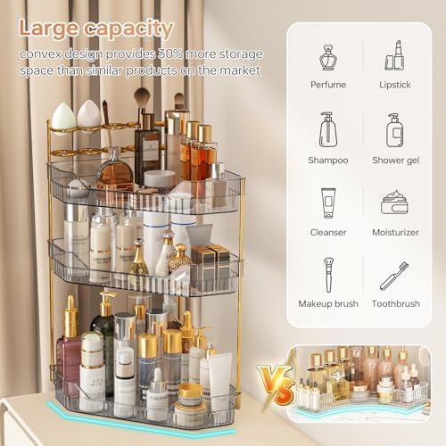 Corner Bathroom Counter Organizer with Makeup Brush Holder & Toothbrush Holders, Makeup Organizer for Vanity Countertop, Acrylic Skincare Storage Shelf (Grey, 3-Tier)