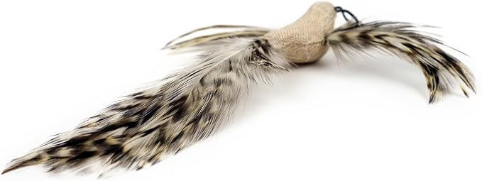 TTcat 4 Pack Linen Bird Cat Wand Refills, Natural Feather Detachable Replacement Toy Heads with Bell, Universal Lobster Clip-on Cat Teaser Attachments, Indoor Kitten Hunting Boredom Relief Prey Toy.