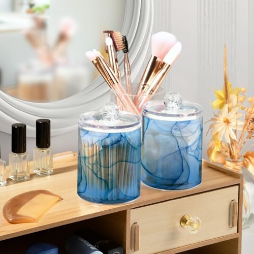 MNSRUU 2 Pack Qtip Holder Organizer Dispenser Blue Marble Fluid Art Bathroom Storage Canister Cotton Ball Holder Bathroom Containers for Cotton Swabs/Pads/Floss