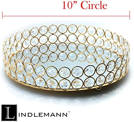 Crystal Decorative Tray Metal Mirrored Perfume Cosmetic Organizer Jewelry Trinket Display Storage Vanity Trays Home Décor Accents Luxury Gift (Round, 10in, Gold)