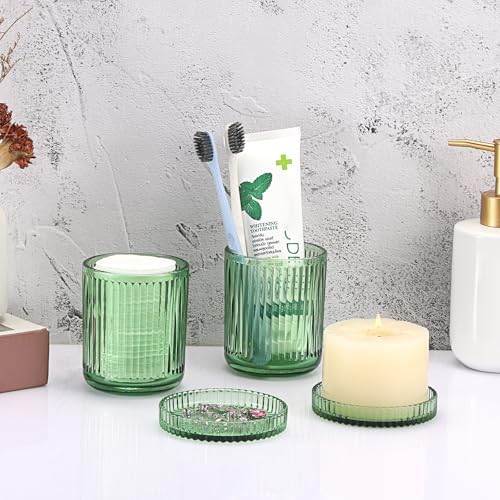 Hipiwe 2 Pcs Qtip Apothecary Jars with Lid Green Glass Bathroom Dispenser