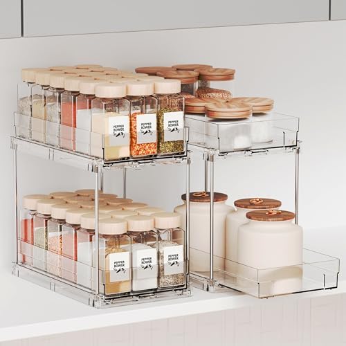 Yieach 2 Pack 2 Tier Vertical Spice Rack Pull Out,10.4'' Deep Narrow Slide Out Spice Rack Organizer for Inside Cabinets,Kitchen,Pantry,Cupboard Seasoning,Can,Jar Organizer and Medicine Cabinet Storage