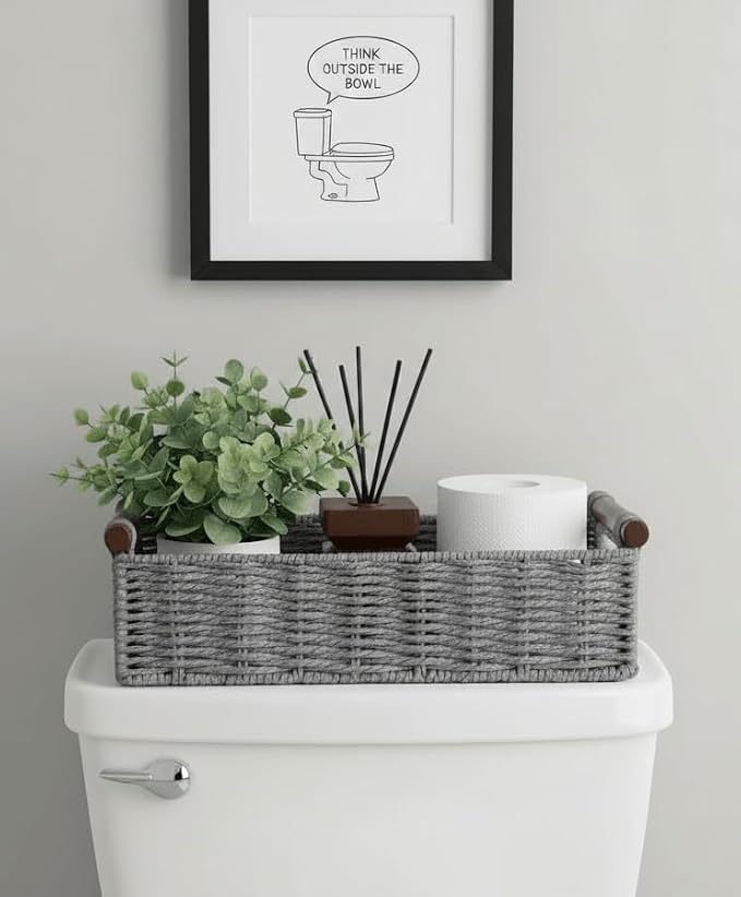 CubesLand Wicker Toilet Storage Basket Tray Organizer W/Cut Out Handle, Slim Decorative Basket for Countertop, Shelves And for Versatile Home Decor, Living Room, Nursery Organization, Grey