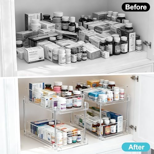 2 Tier Under Sink Organizer Bathroom Organizers and Storage, Clear Stackable Bathroom Cabinet Organizer, Multipurpose Pull-Out Home Organizer for Kitchen and Pantry Storage 2 Pack