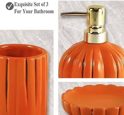 Halloween Pumpkin Bathroom Accessories Set, Orange Bathroom Fall Decor, 3PC Ceramic Bathroom Sets Complete, Toothbrush Holders, Soap Dispenser, Soap Dish, Bathroom Organizer for Countertop