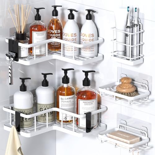YASONIC Corner Shower Caddy Adhesive, 100% Rustproof Shower Organizer with Soap and Troothbrush Holder, No Drill Shower Shelf for Inside Shower, Wall-Mounted Shower Storage for Homes (5 Pack, White)