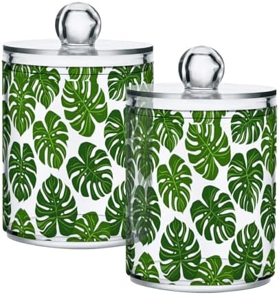 ALAZA 2 Pack Qtip Holder Monstera Leaf Seamless Pattern, Cotton Swab Dispenser with Lid Bathroom Containers Canister Organizer Storage Jar