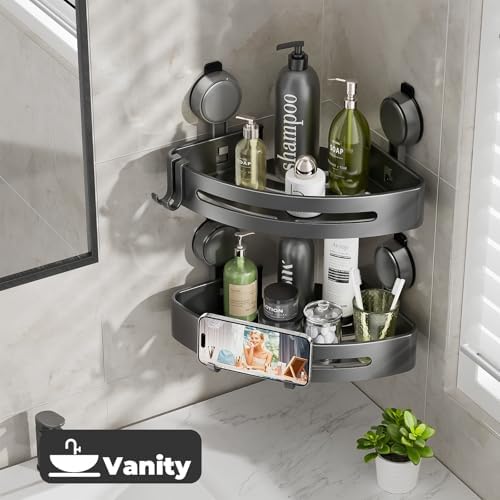 Corner Shower Caddy Suction Cup,Shower Shelves with Hooks,No Drilling Powerful Upgrade Suction Bathroom Corner Organizers and Storage,Removable Waterproof Rustproof Shower Shelf Bathroom Decor(3)