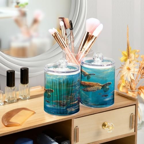 Sea Turtles Qtip Holder Apothecary Jars Bathroom Storage Floss Makeup Organizer for Cotton Ball Swab Acrylic 2 Packs