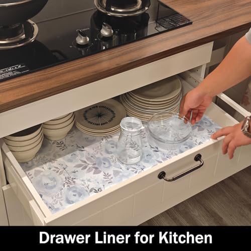Blue Peony Shelf and Drawer Liner for Kitchen,Non-Adhesive