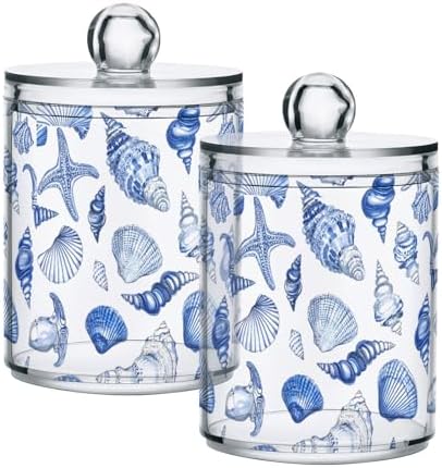 ALAZA 2 Pack Qtip Holder Navy Seashells, Cotton Swab Dispenser with Lid Bathroom Containers Canister Organizer Storage Jar