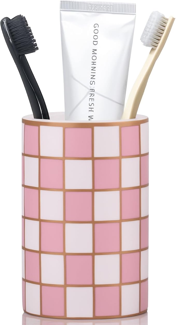 Checkered Bathroom Toothbrush Holder, Bathroom Black and White Ceramic Toothbrush Holder, Modern Toothbrush Box, Used for Bathroom countertop Storage Rack, Checkered Bathroom Decoration (Pink)