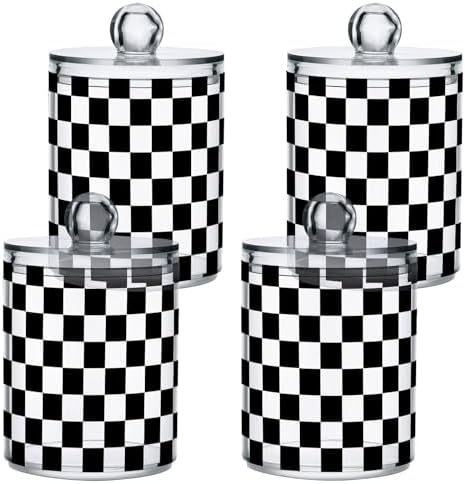 ALAZA 4pcs Black White Checkered Plaid Qtip Holder Dispenser 14 oz Bathroom Storage Clear Apothecary Jars Containers Cotton Ball,Cotton Rounds,Floss Picks, Hair Clips, Food