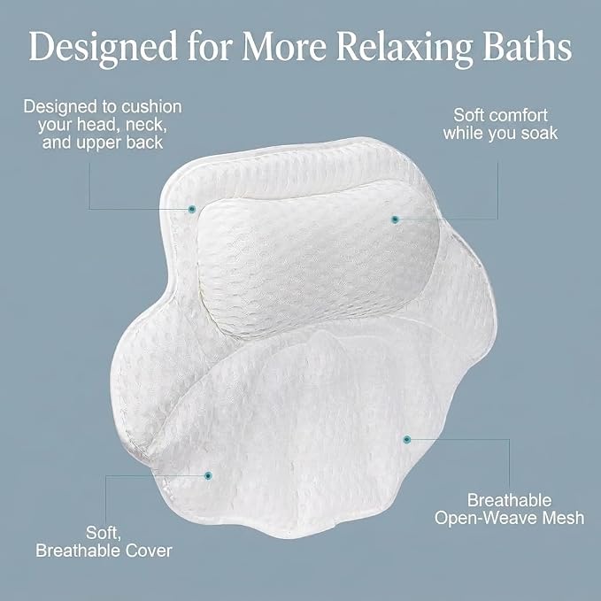 Spa Bath Pillow for Tub — Bathtub Pillow for Head Neck & Back Support, Ergonomic 4D Air Mesh, 6 Suction Cups (Smooth Tubs Only), Machine Washable with Laundry Bag