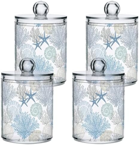 ALAZA Beach Coastal Starfish Bathroom Canister Set of 2 Seashell Coral Qtip Holder Clear Plastic Jars Holder Dispense Bathroom Organizer Storage Jars with Lids Home Decor