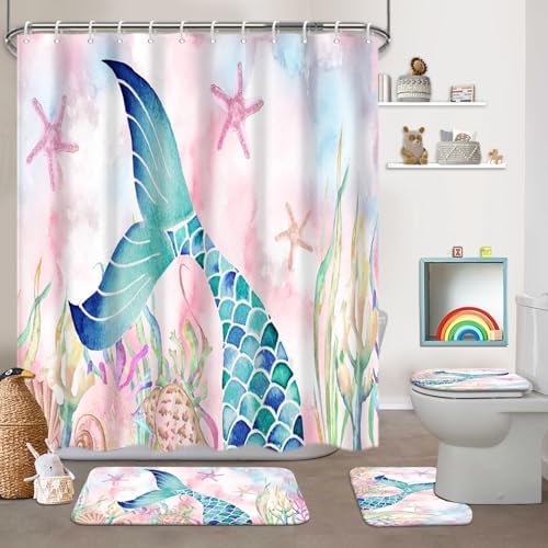 4 Pcs Mermaid Bathroom Set Pink Shower Curtain Sets with Non-Slip Rugs Toilet Lid Cover and Bath Mat Set, Kids Girl Bathroom Decor with 12 Hooks