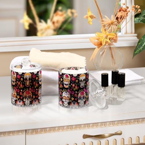4 Pack Sugar Skulls with Flowers Qtip Holder Dispenser 10 Oz Apothecary Jars Bathroom Storage Containers for Cotton Pads, Cotton Ball, Cotton Swabs, Floss Picks