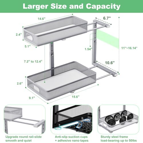 Under Sink Organizer 2 Pack, High Adjustable 2 Tier Under Sink Organizers and Storage, Slide out Metal Cabinet Organizers, Pull out Storage Drawer Shelf for Kitchen Bathroom Cabinet (Gray)
