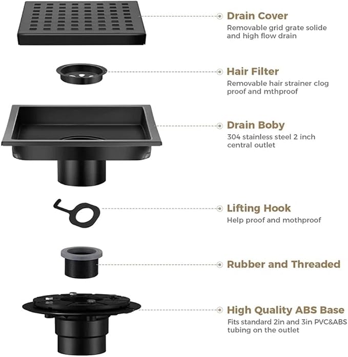 ELLO&ALLO 6 Inch Square Shower Floor Drain with Flange,Removable Quadrato Pattern Grate, SUS 304 Stainless Steel in Oil Rubbed Bronze