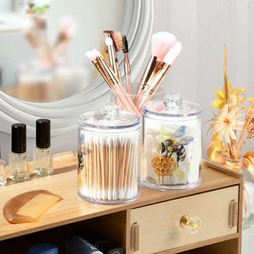 Fustylead 4 Pack Watercolor Bee on Honeycomb Plastic Apothecary Jars with Lid, Bathroom Vanity Storage Organizer Canister for Qtip, Cotton Ball, Swab, Round Pads, Floss