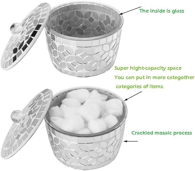 Bathroom Qtip Holder Silver, Countertop Storage Organizer Canister Jar Qtip Dispenser Holder Mosaic Glass with Lid - for Cotton Swabs,Bath Salts, Hair Band, Cotton Balls (Silver Mirror)