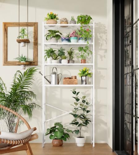 4-Tier Over The Toilet Storage Rack, Bathroom Organizer with One-Piece Metal Mesh Shelves, Over Toilet Shelf with Adjustable Feet & Anti-Tip Kit, Space-Saving Bathroom Storage, White