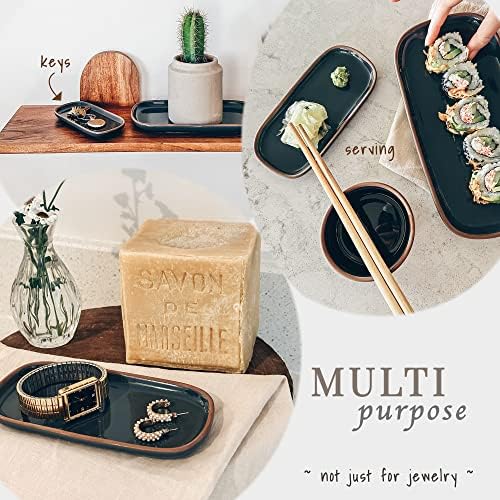 Mora Ceramic Decorative Tray - Rectangle 6.4in Dish for Jewelry, Perfume, Makeup, Accessories, Candle, in The Bathroom Vanity, Bedside, or Kitchen Counter. Cute Organizers - Black