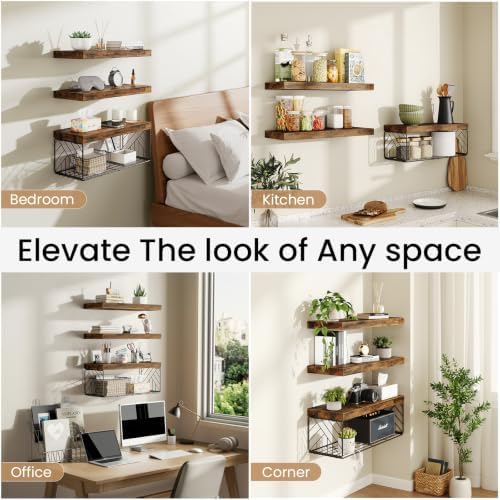 BAYKA Rustic Brown Floating Bathroom Shelves, 15.7in, 3Pk, Wall Mount Shelf