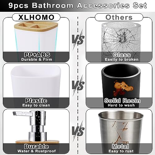 White Bathroom Accessories Set, 9 Piece Bathroom Accessory Set with Trash Can,Toothbrush Holder,Toothbrush Cup,Lotion Soap Dispenser,Vanity Tray,Soap Dish,Toilet Brush,Qtip Holder