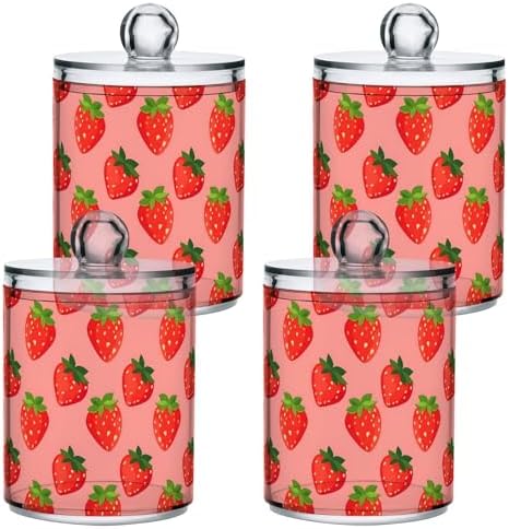 ALAZA 4pcs Cute Fruit Strawberry Qtip Holder Dispenser 14 oz Bathroom Storage Clear Apothecary Jars Containers Cotton Ball,Cotton Rounds,Floss Picks, Hair Clips, Food