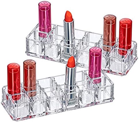 Amazing Abby - Charm - 2-Pack 12-Slot Acrylic Lipstick Organizer, Lipstick Holder, Lip Gloss Holder, Cosmetic Storage Display, Perfect Storage Solution for Drawer and Vanity (Slot Size: 0.9" x 0.9")