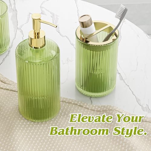 BSSN 5-Piece Green Glass Bathroom Accessories Set - Vintage Ribbed Thick Glass - Includes Soap Dispenser, Toothbrush Holder, Tumbler, 2 Q-tip Jars - Retro Bathroom Counter Organizer & Decor
