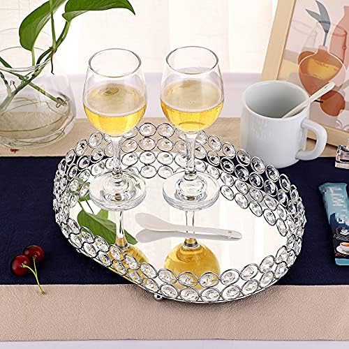 Hipiwe Crystal Vanity Tray Mirrored Dresser Perfume Trays for Makeup Tray Cosmetic Skin Care Storage, Jewelry Trinket Organizer Tray for Bathroom Countertop Home Decor (Medium, Silver)